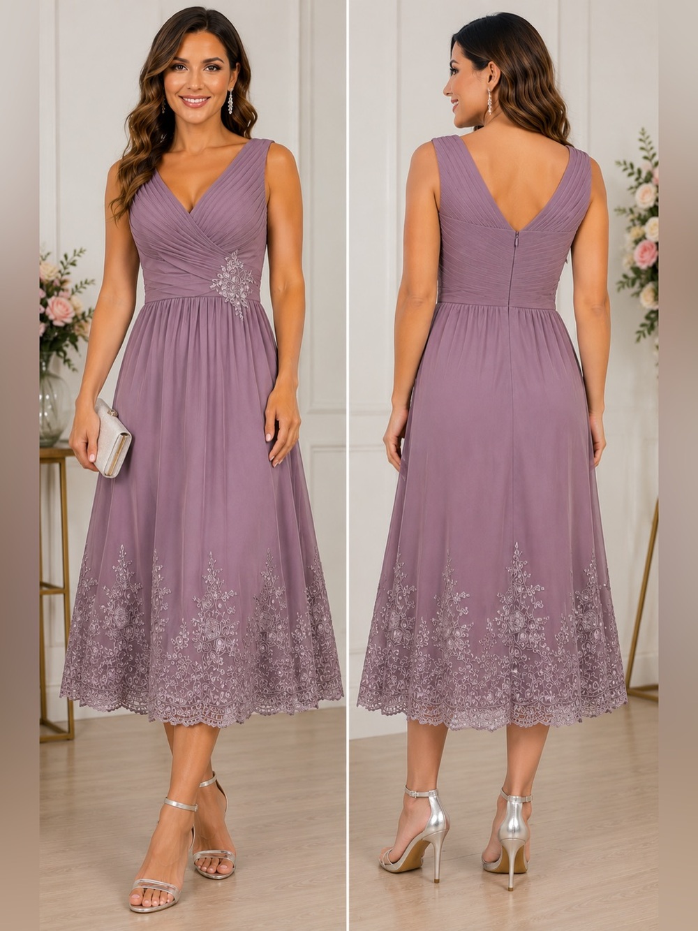Wedding Dress Mauve Embroidered Chiffon Midi Formal Dress Size 12